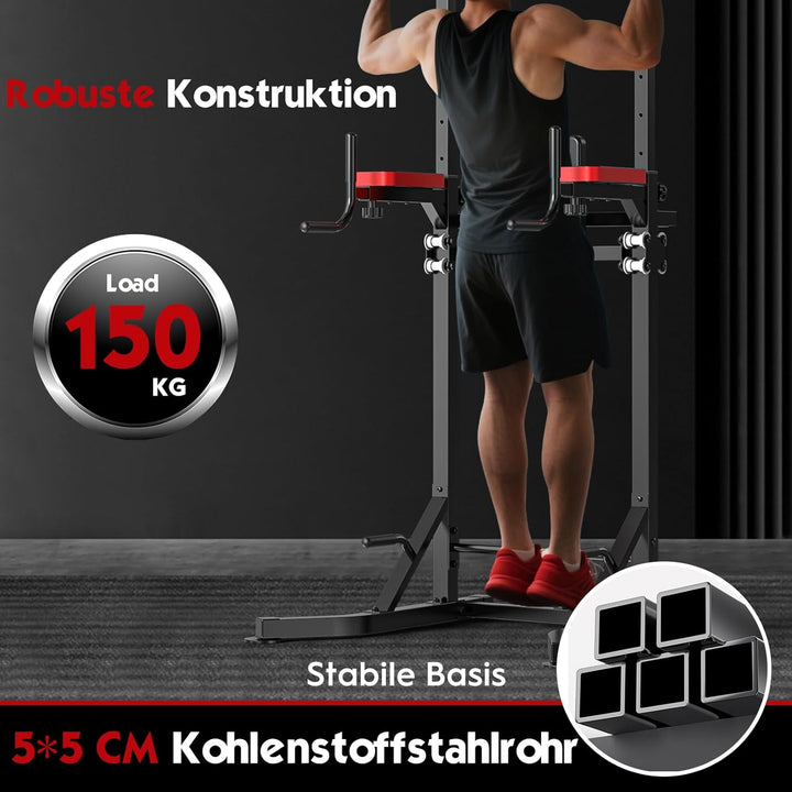 Power Tower freistehend mit Klimmzugstange – Höhenverstellbare Dip-Station (160–220 cm) mit Rückenst