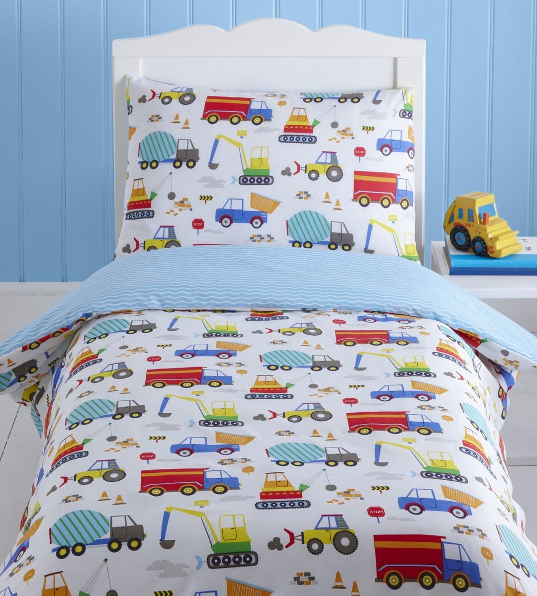 Kidz Club Bright Trucks Junior Bettbezug und Kissenbezug-Set, Wende-Steppdecke, Bagger, Polyester-Ba
