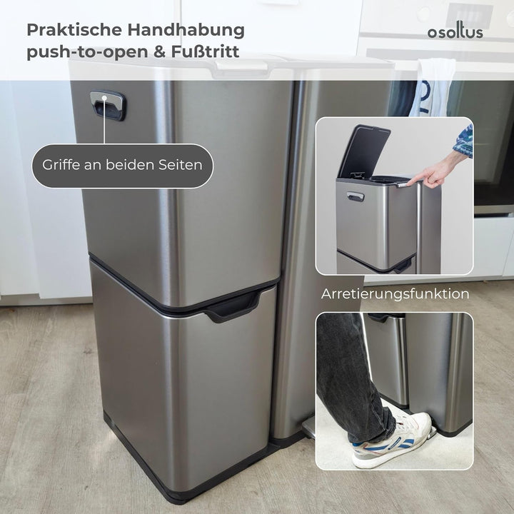 Mülleimer Abfallsammler Softclose Edelstahl hoch 60 L (30 + 17 + 13 L) 60 L (30 + 17 + 13 L) Edelsta