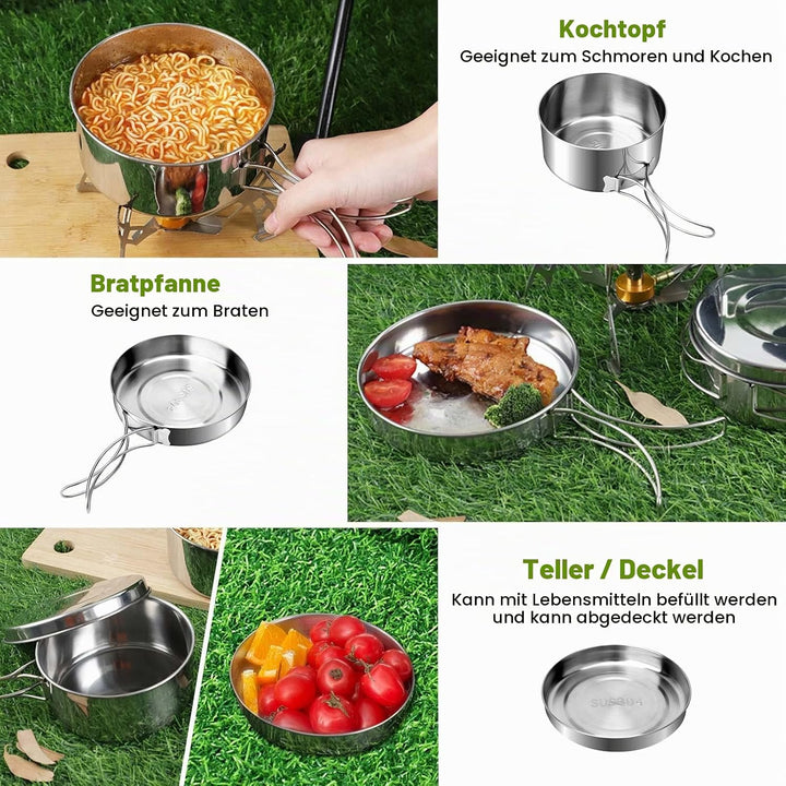 7 St¨¹ck Edelstahl Camping Kochgeschirr Set, Outdoor Kochgeschirr mit Faltbare Besteck, 1-2 Personen