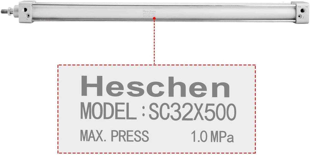 Heschen Pneumatischer Standard-Luftdruckzylinder, SC 32-500, PT1/8 Anschluss, 32mm Bohrung, 500mm Hu