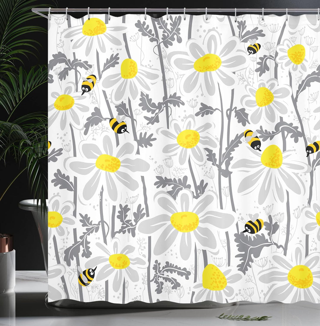 ABAKUHAUS Blumen Duschvorhang, Daisy Blatt Spring Time, Stoffliches Gewebe Badezimmerdekorationsset