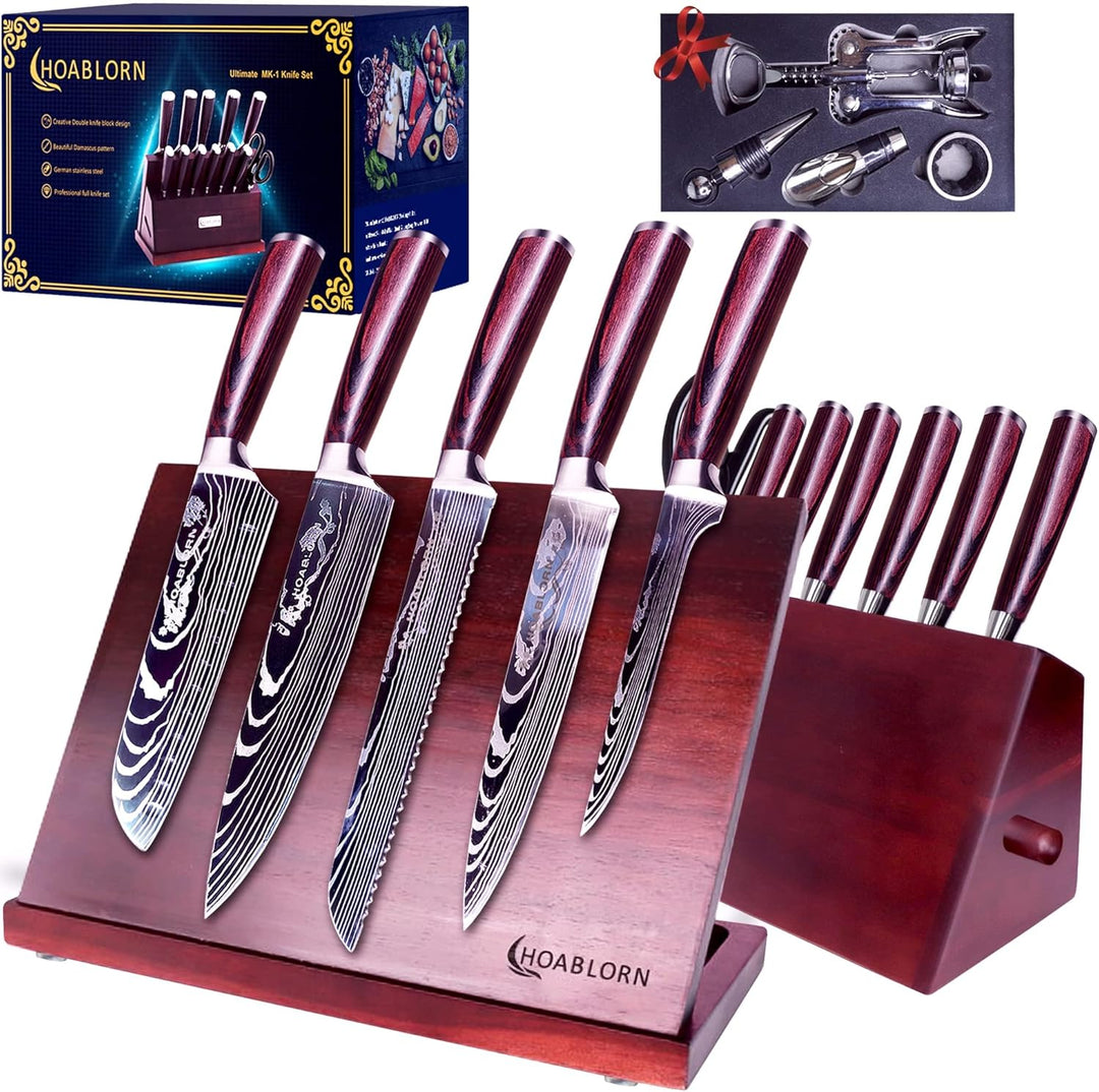 ChefHoablorn Küchenmesser Set mit Block 15pcs Messerblock mit Messer Akazienmesser Halter mit Starke