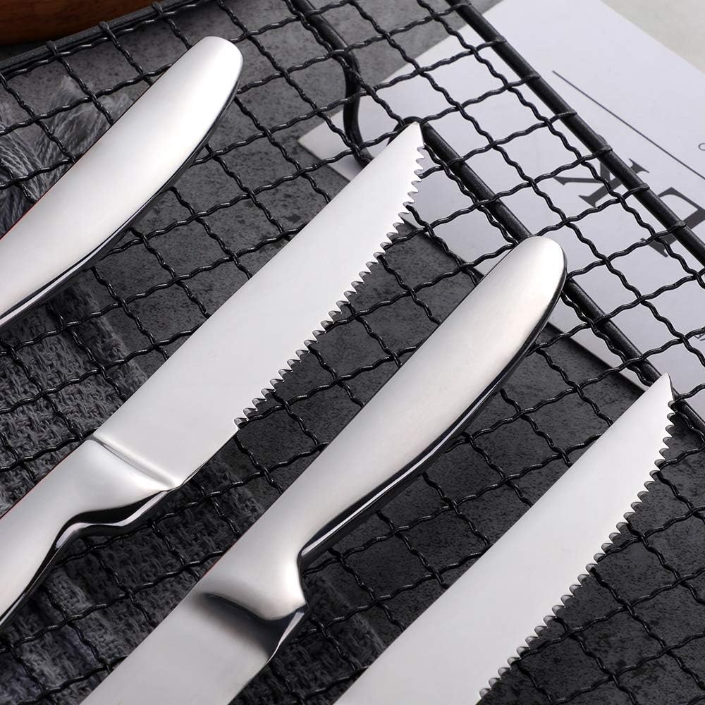 BISDARUN Steakmesser Set mit scharfem Wellenschliff Edelstahl 6-teilig Tafelmesser Silber Fleischmes