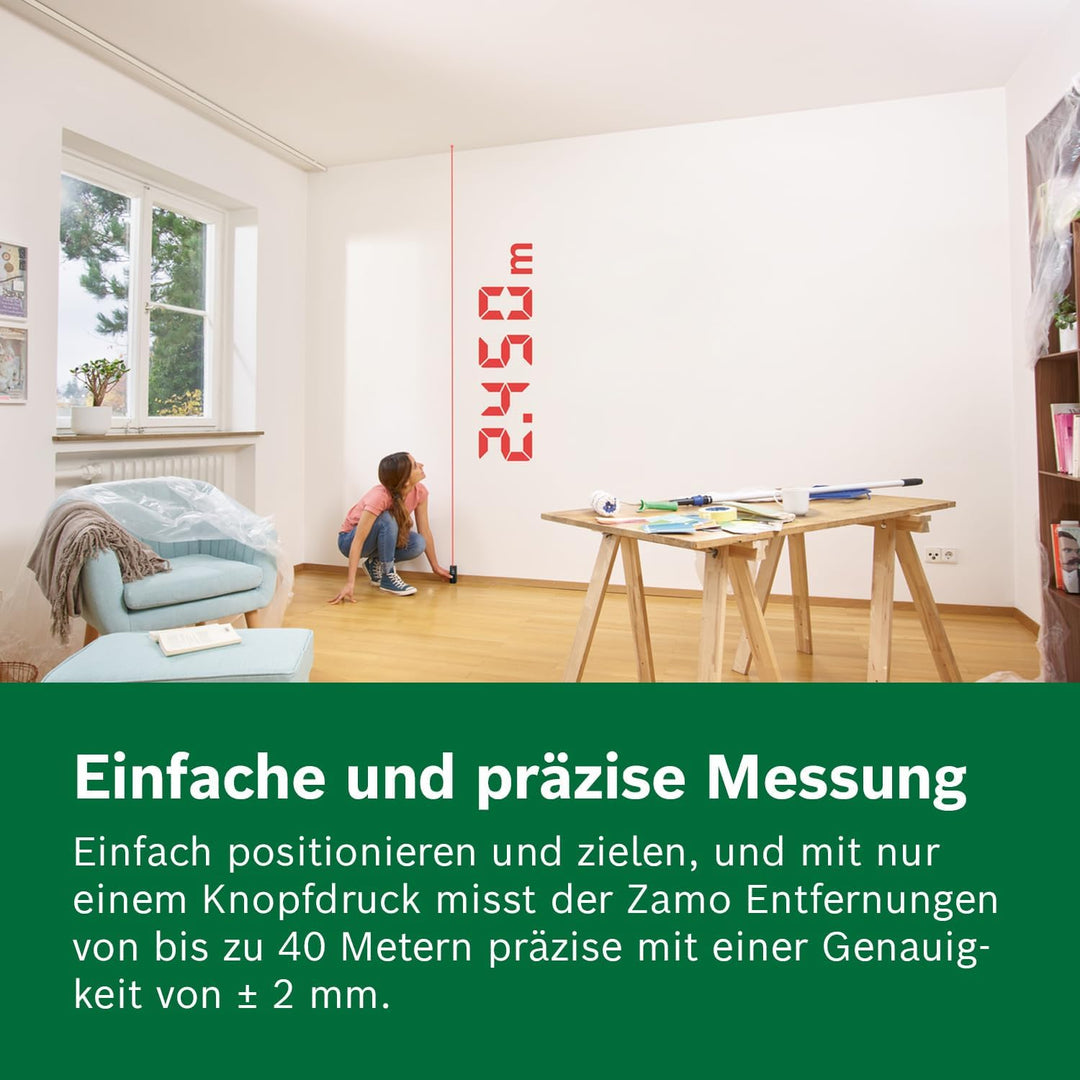 Bosch Zamo Laser‑Entfernungsmesser Set, 40 m Reichweite, USB‑C, speichert 10 Werte, inkl. Linien‑/Ra