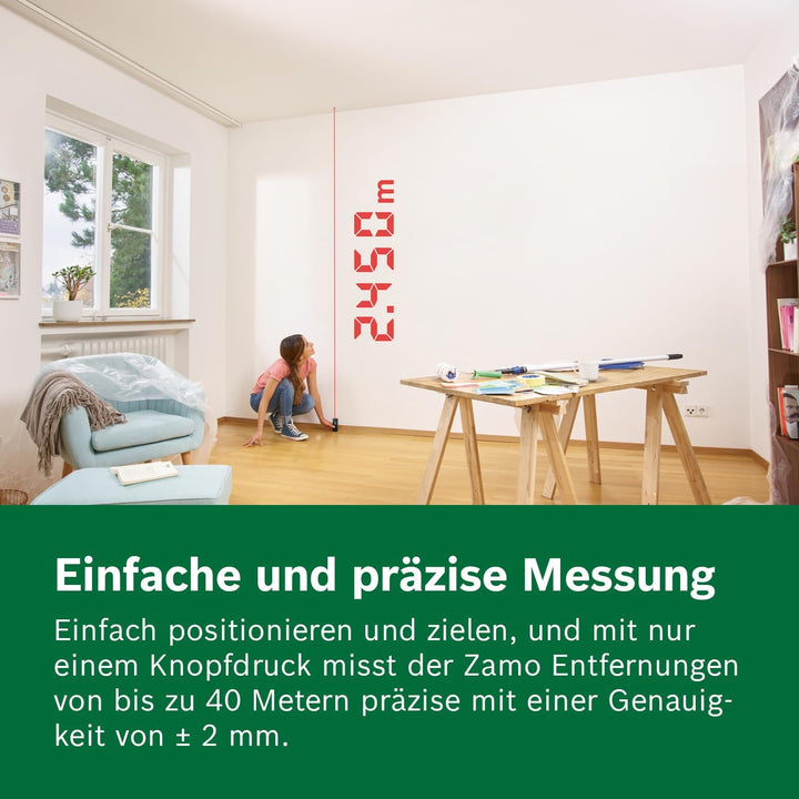 Bosch Zamo Laser‑Entfernungsmesser Set, 40 m Reichweite, USB‑C, speichert 10 Werte, inkl. Linien‑/Ra