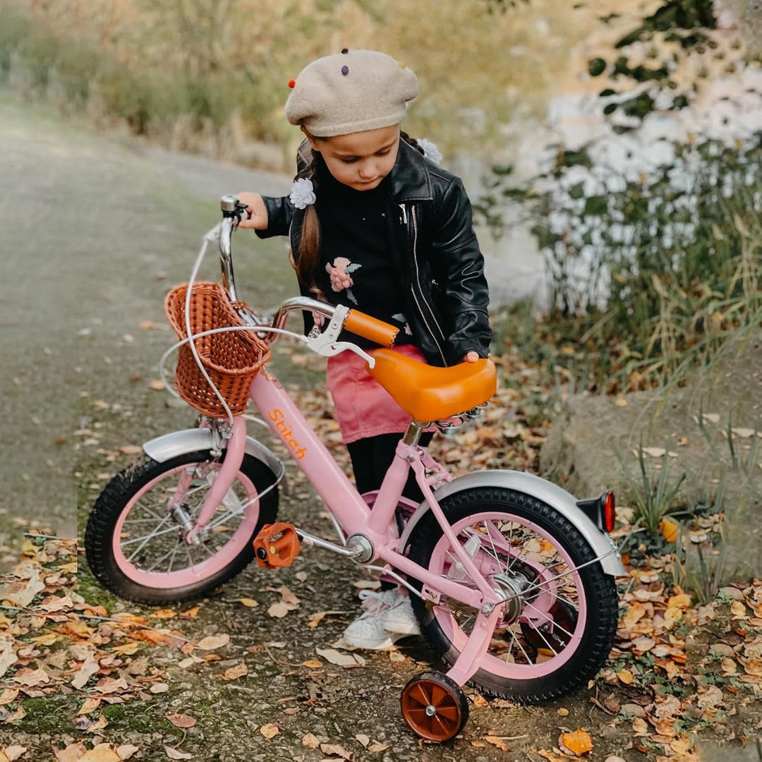 STITCH Retro 12/14/16/18 Zoll Kinderfahrrad für 2-8 jährige Mädchen, Kinderfahrrad mit Frontkorb & S