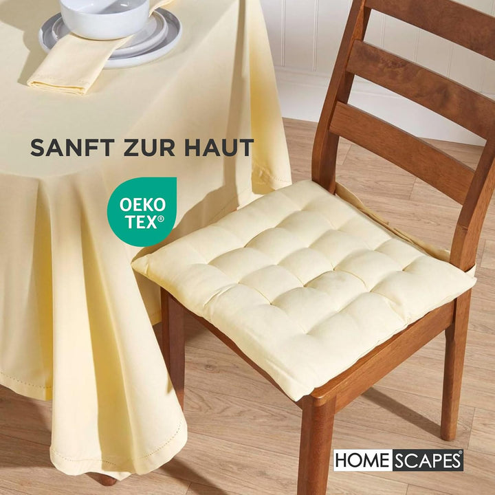 HOMESCAPES 4er Set Stuhlkissen 40 x 40 cm, Creme, Sitzkissen mit Bändern und Knopfverschluss, einfar