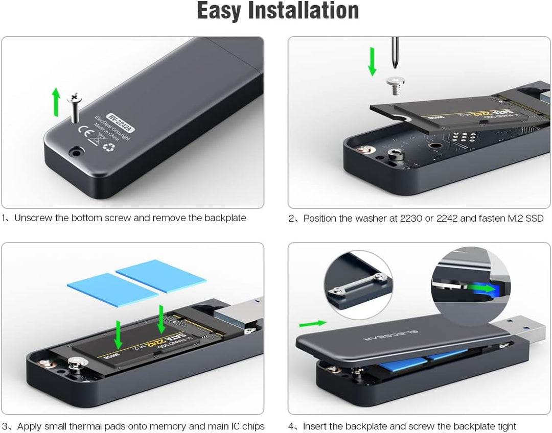 ElecGear USB Mini Gehäuse für 2230/2242 NVMe und SATA M.2 SSD, PCIe and Serial ATA Aluminium Festpla