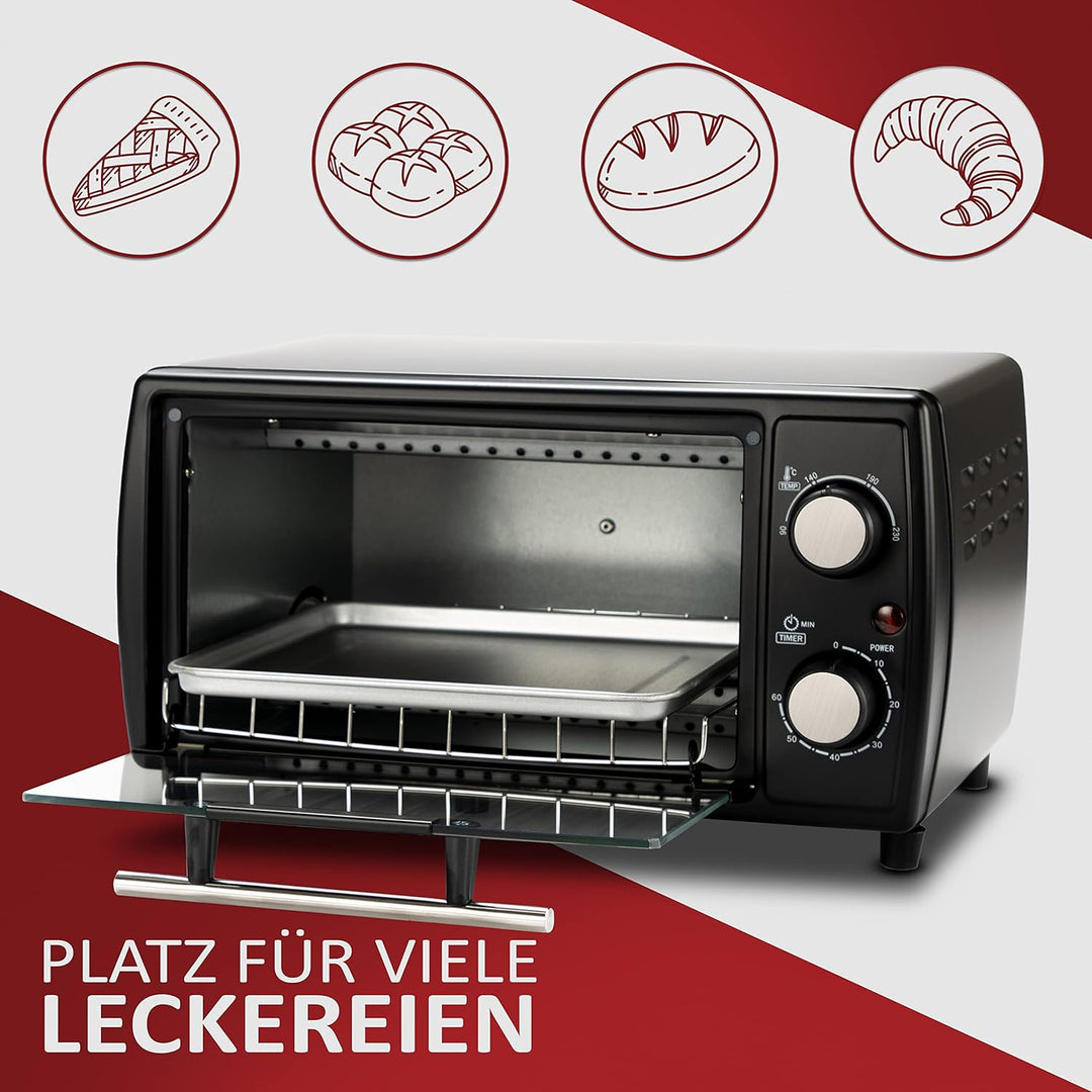 Mini Backofen | 1000 Watt | 10 Liter | inkl. Backblech und Grillrost | Pizzaofen | 90°-230°C | 60 mi