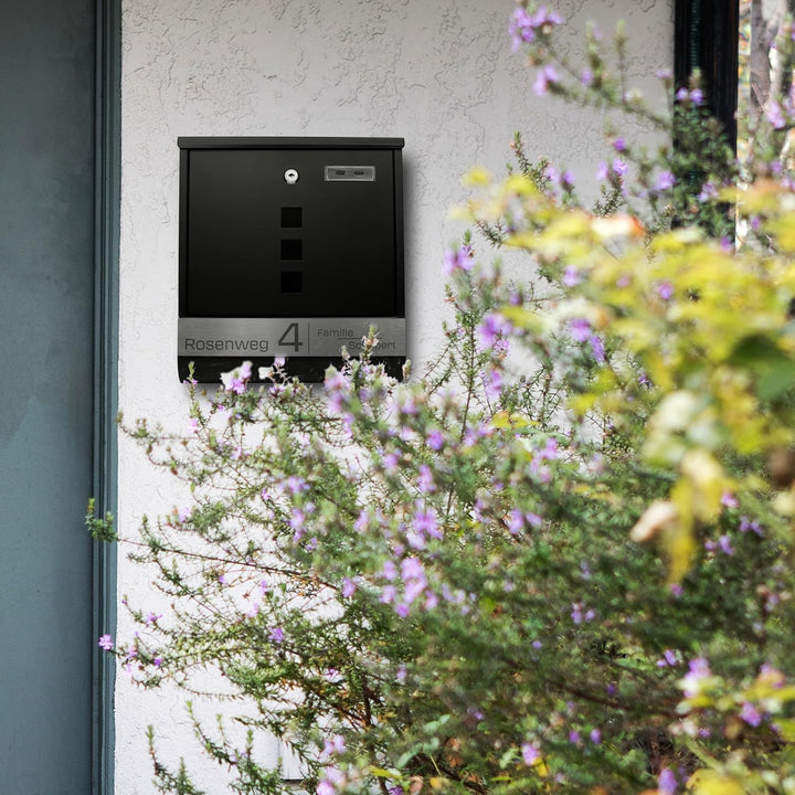 Grafner Briefkasten personalisiert, schwarz mit Zeitungsfach und 2 Schlüssel, V2A Namensschild, Post