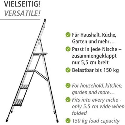 WENKO Leichte Aluminium Trittleiter mit 4 Stufen für 100 cm höheren Stand, rutschsichere XXL-Stufen,