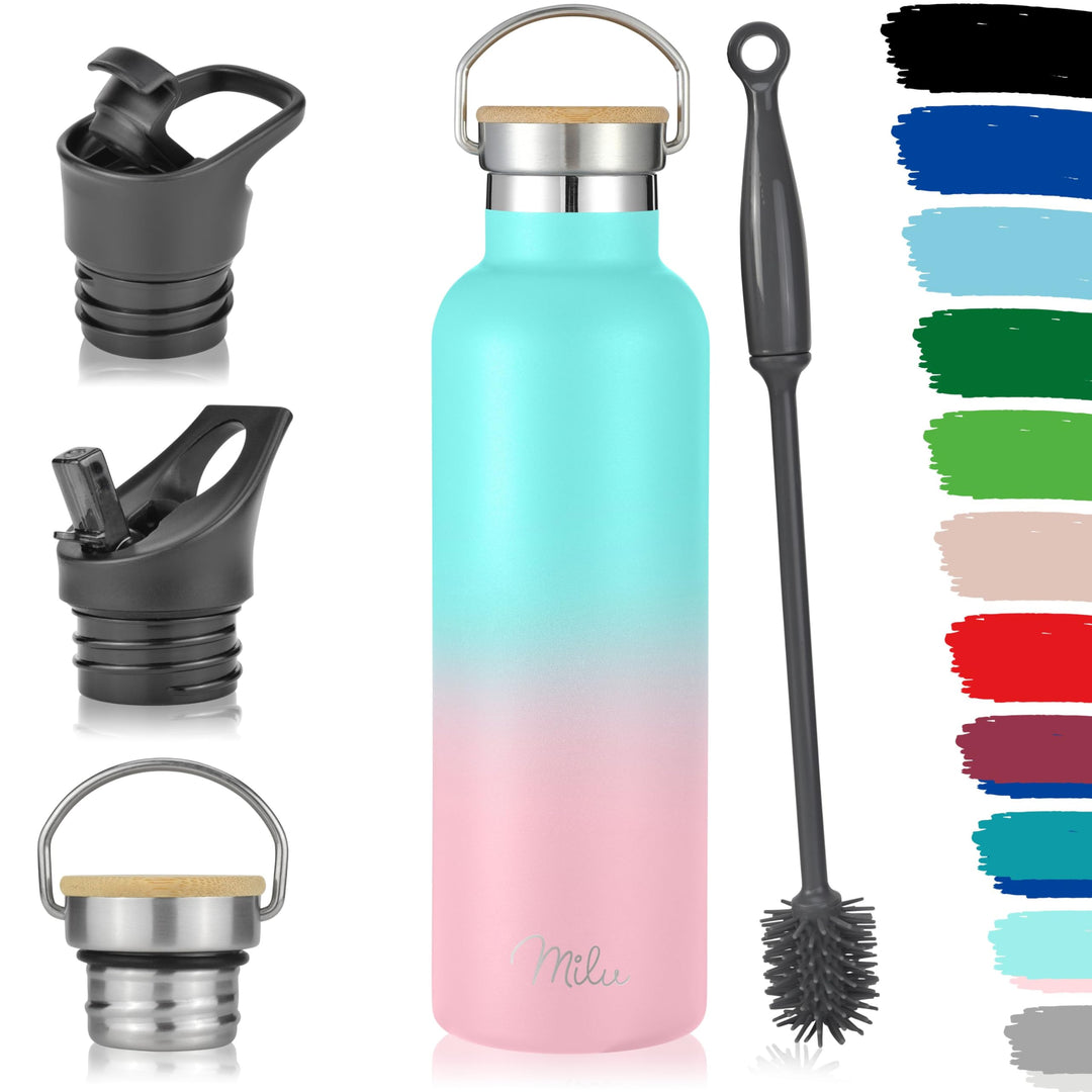 Milu Edelstahl Trinkflasche 500ml, 750ml, 1L (+3 Deckel) - Thermosflasche mit Strohhalm, Isolierte W