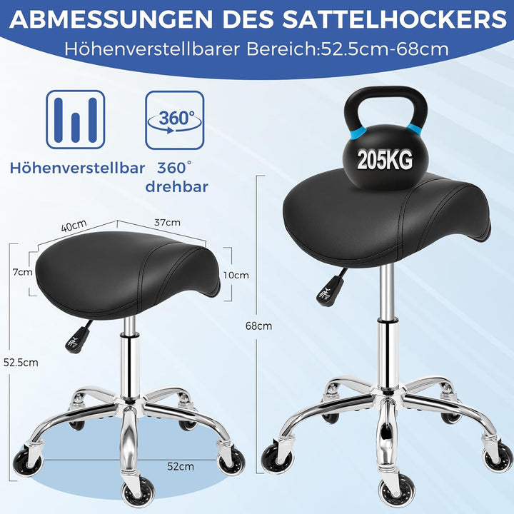 ANWBROAD Sattelhocker mit Rollen 360° Drehhocker Silent-Rollen höhenverstellbar Rollhocker bis 205 k
