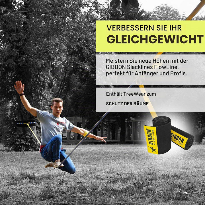 Gibbon Slacklines FlowLine | 1 Zoll / 2,5cm Band | Anfänger &amp; Fortgeschrittene | Doppelratsche &amp; Spa