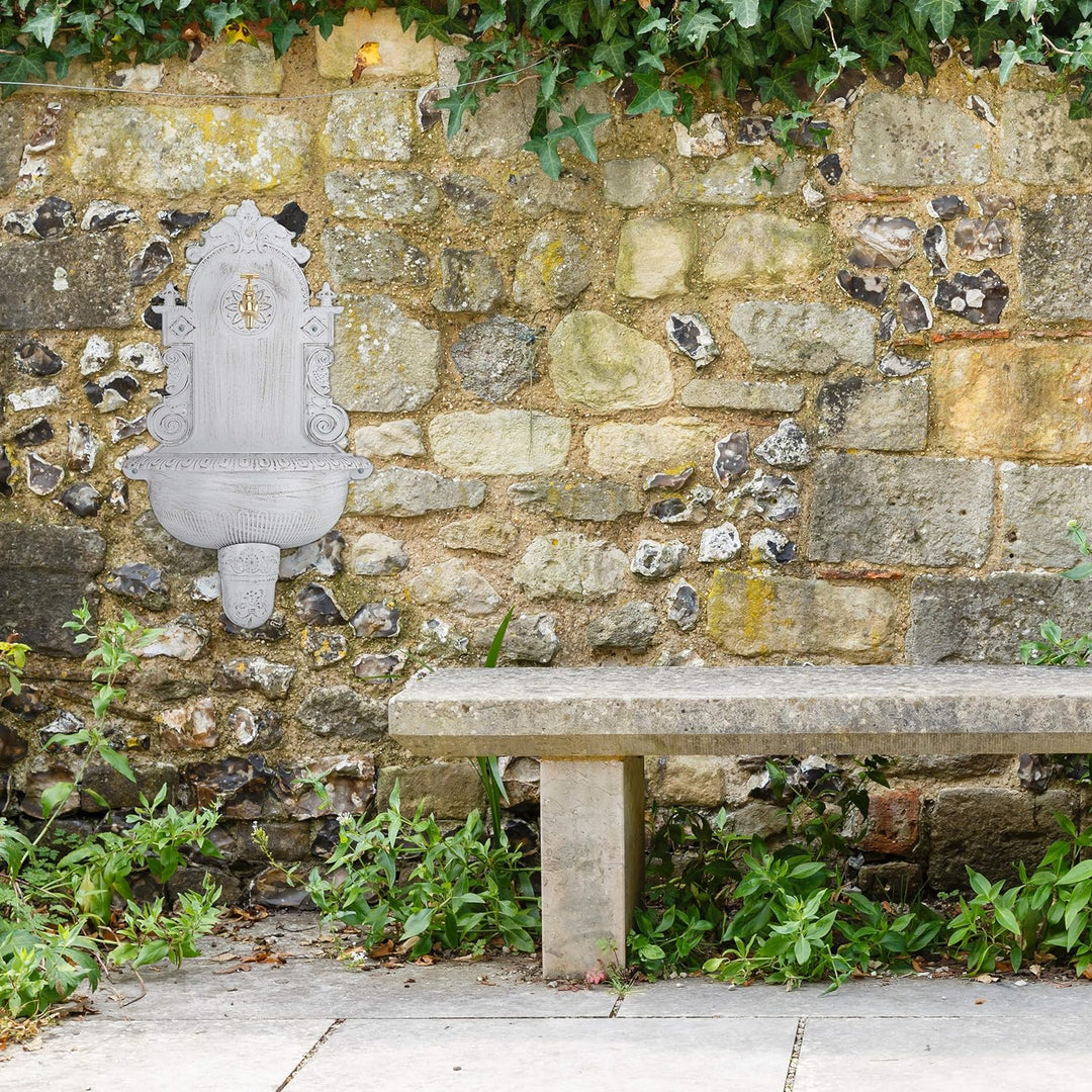 Relaxdays XL Wandbrunnen antik, mit Wasserhahn, nostalgisch, Waschbecken Garten, Aluguss, HBT 75 x 4