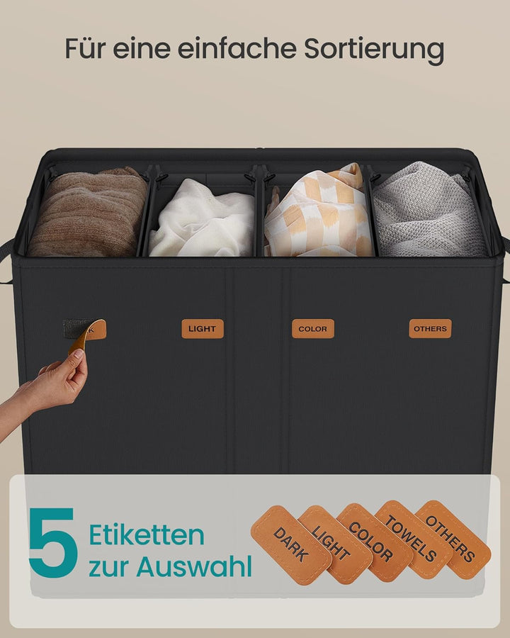SONGMICS Wäschekorb mit 4 Fächern, 210 L, mit Deckel, 5 Etiketten, herausnehmbarer und waschbarer In