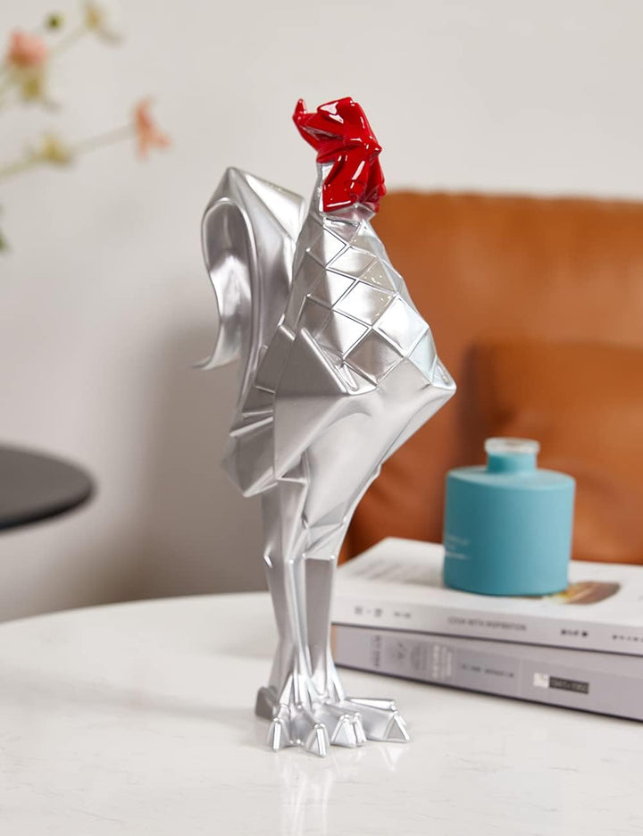NENBOLEC Modern Skulptur Dekor Hahn Statue Tier Arts Wohnzimmer Kunst Polyresin Silber Geschenk 31cm