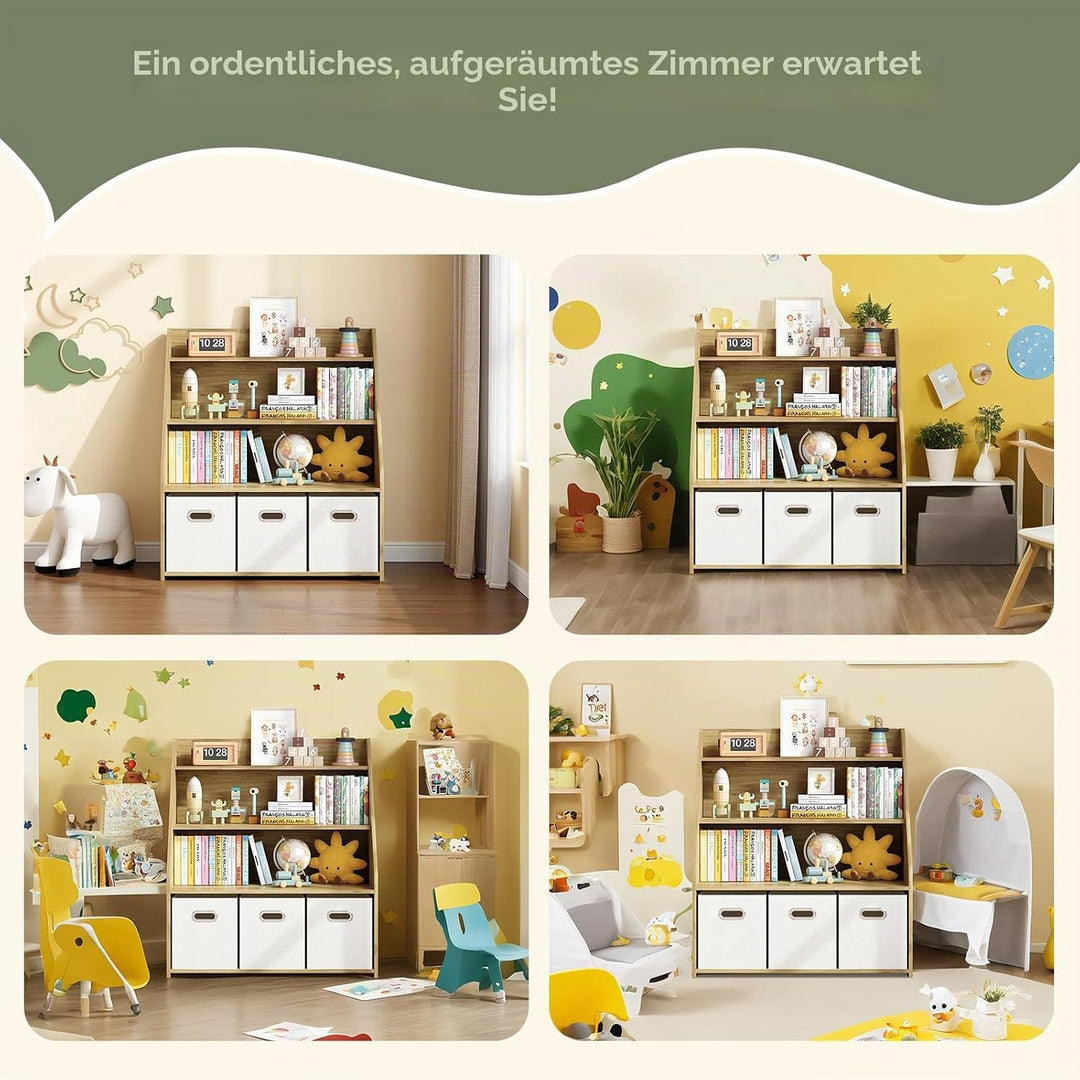 Kinder Bücherregal mit 3 herausnehmbaren Schubladen – Vielseitiges Holz-Regal mit offenen Fächern fü