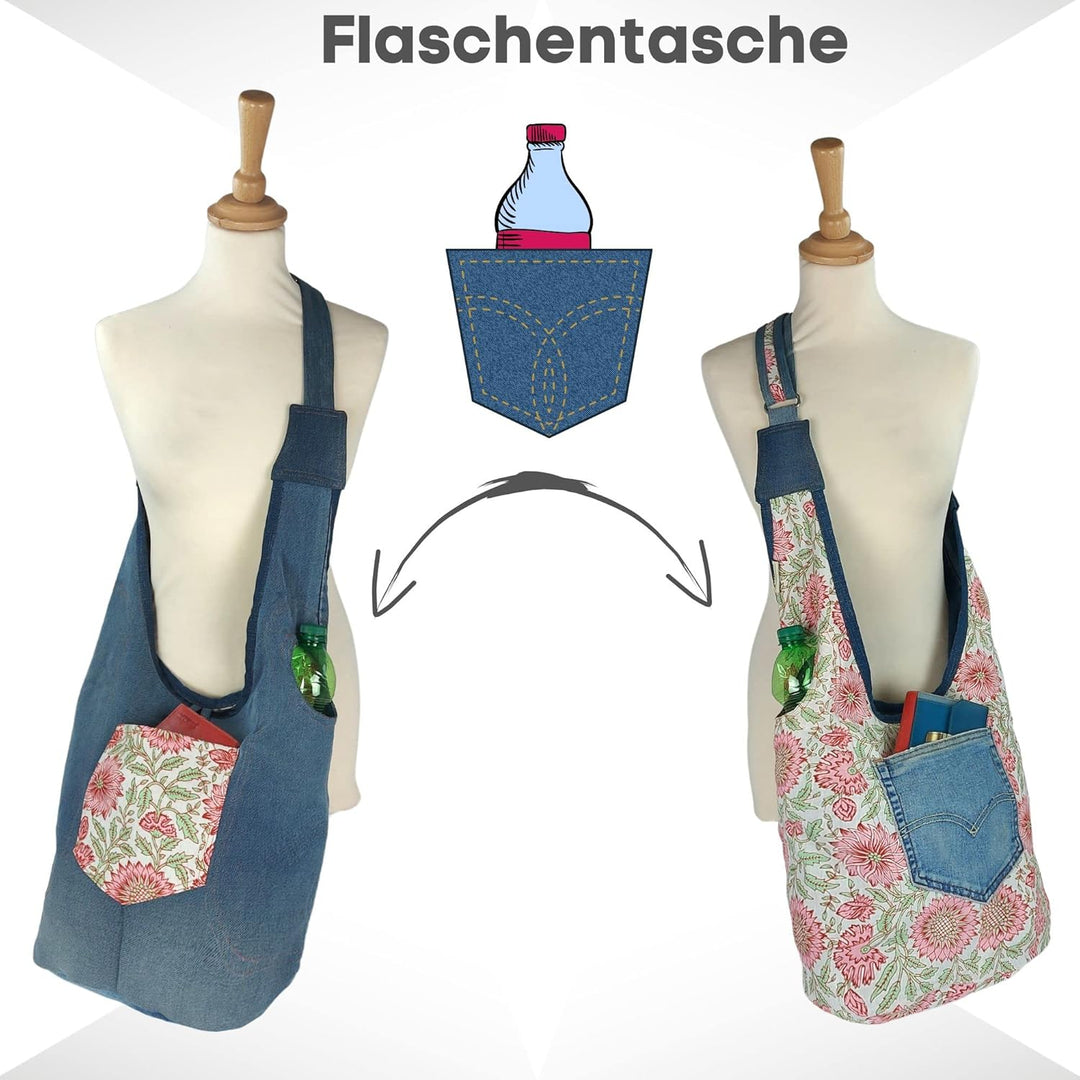 Sunsa Damen nachhaltig Hobo Tasche, Umhängetasche aus recycelte Jeans & Baumwolle. Boho Blumig Cross