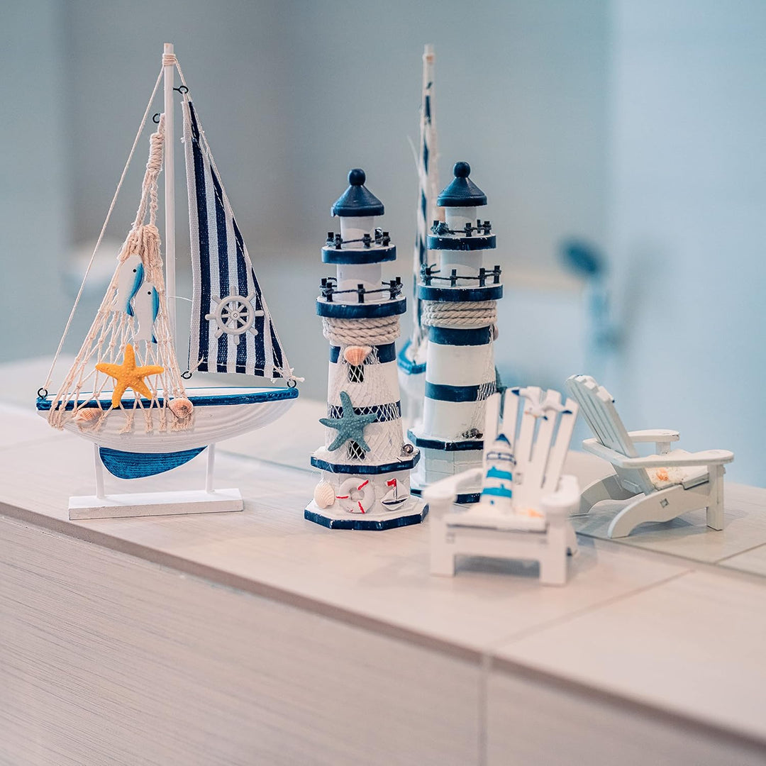 Flanacom Badezimmer Deko - 3er Set - Maritime Badezimmer Deko - Leuchtturm, Segel-Schiff und Strand-