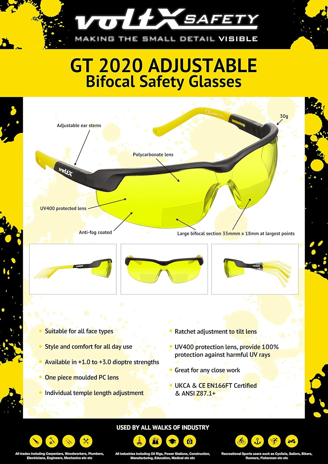 voltX 3 x GT ADJUSTABLE Bifokale Lesen Schutzbrille (KLAR, GELB, BRAUN +2.5 Dioptrie) CE EN166F, Ant