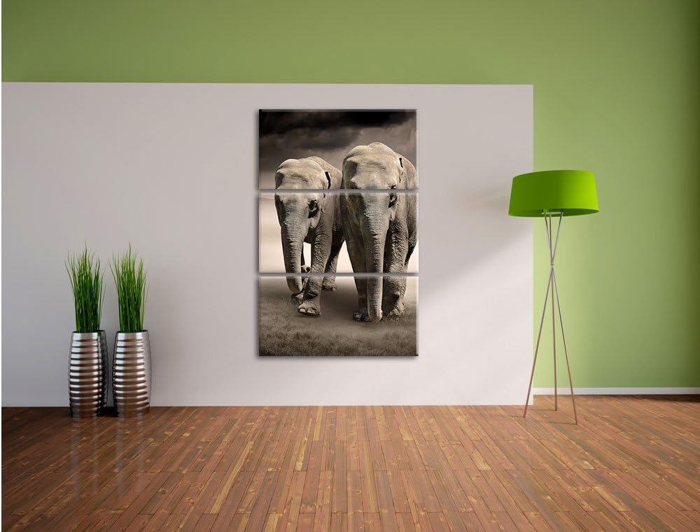 Pixxprint Zwei Elefanten in Steppe als Leinwandbild/Grösse: 3 Teilig (120x80) cm/Wandbild/Kunstdruck