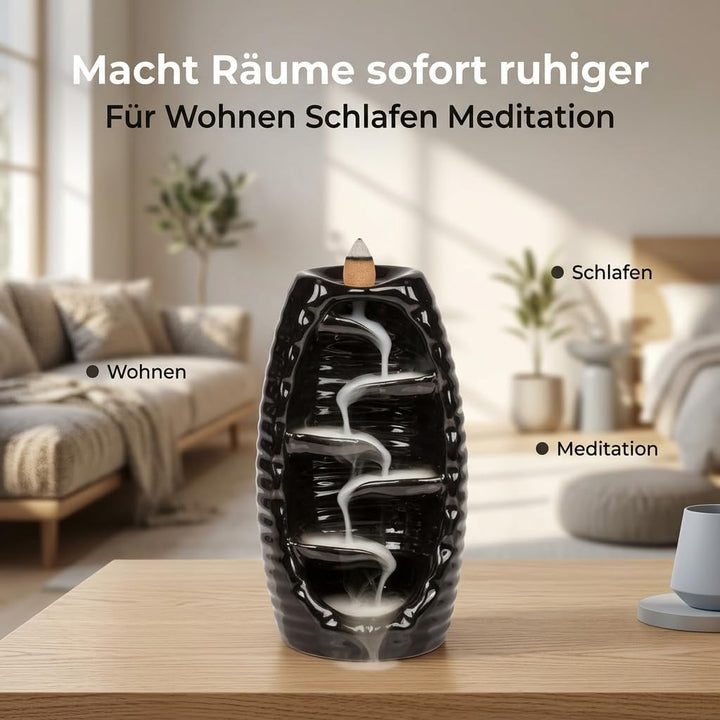 MIJOMA Rückfluss Räucherkegelhalter aus Schwarzer Keramik, Wasserfall-Räucherkegelhalter, Weihrauchb