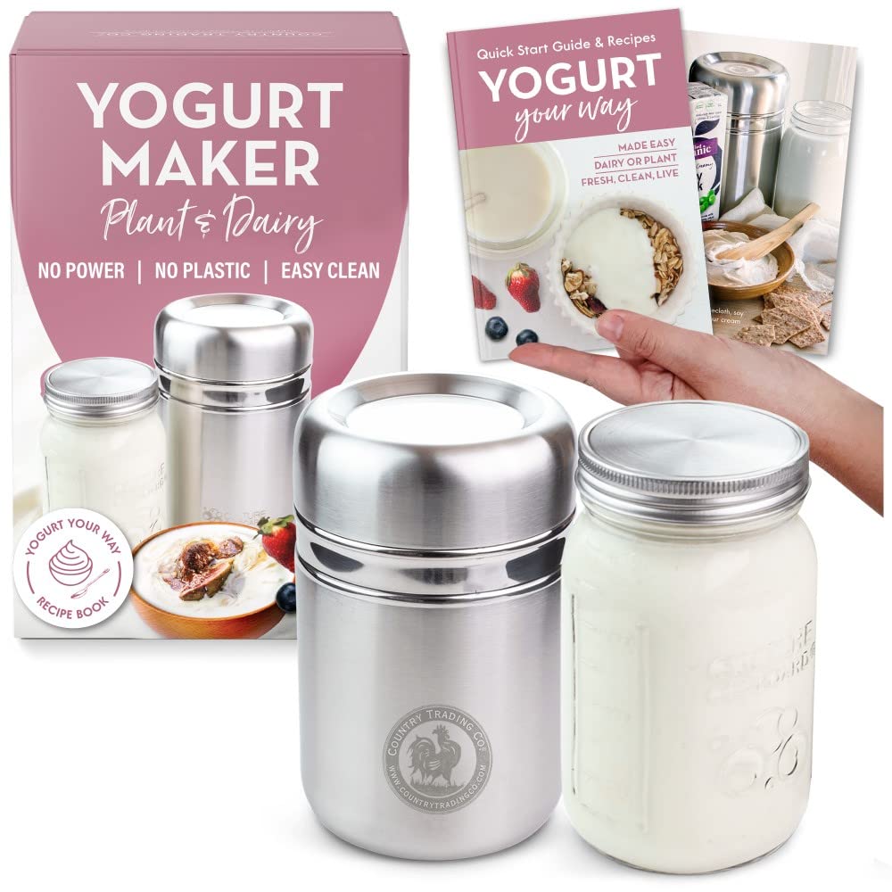Edelstahl Joghurtbereiter mit 1 Quart Glas und komplettem Rezeptbuch für 12+ einfache selbstgemachte