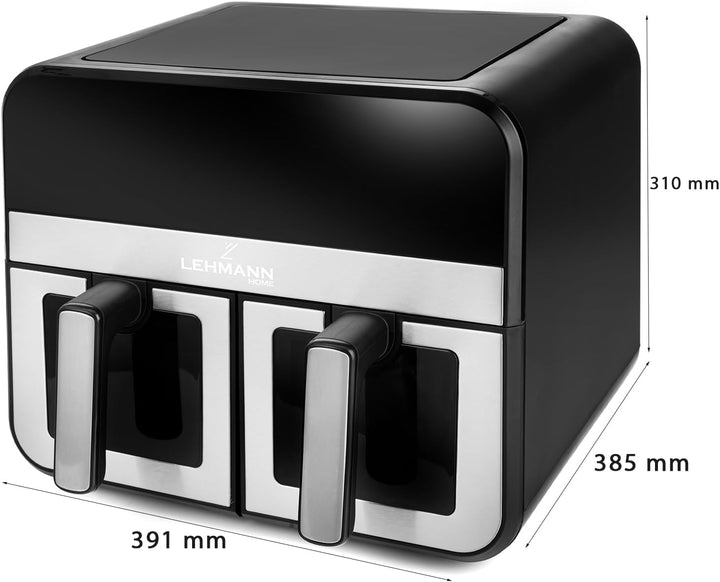 LEHMANN Heissluftfritteuse 2 Kammern XXL mit Sichtfenster, 9L Airfryer Doppelkammer, 2x 4,5L Schubla