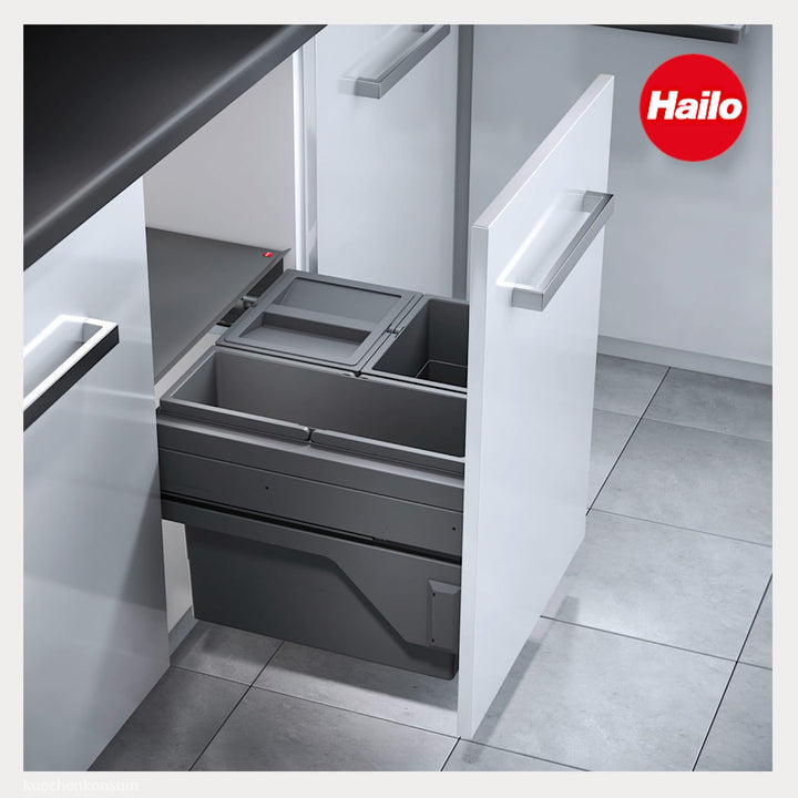 Hailo Abfallsammler 361083 | für 50 cm Schrank mit Möbelfront | 3fach Trennung 43 Liter | Mülleimer