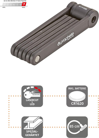 Prophete Faltschloss | Fahrradschloss | Länge: 85 cm | Speziell gehärteter Stahl | 2 Schlüssel | Kun