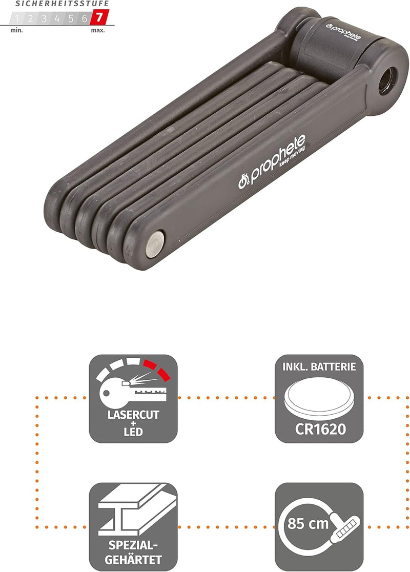 Prophete Faltschloss | Fahrradschloss | Länge: 85 cm | Speziell gehärteter Stahl | 2 Schlüssel | Kun