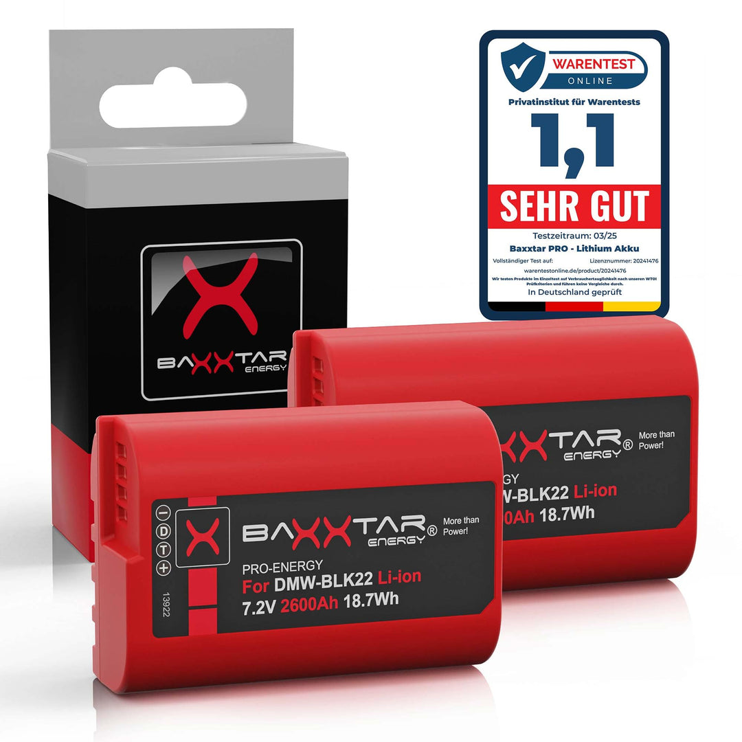 Baxxtar Pro DMW-BLK22 E Kamera-Akku 2X (2400mAh) - kompatibel mit Panasonic DC S5 S5II S5II-X S5K G9