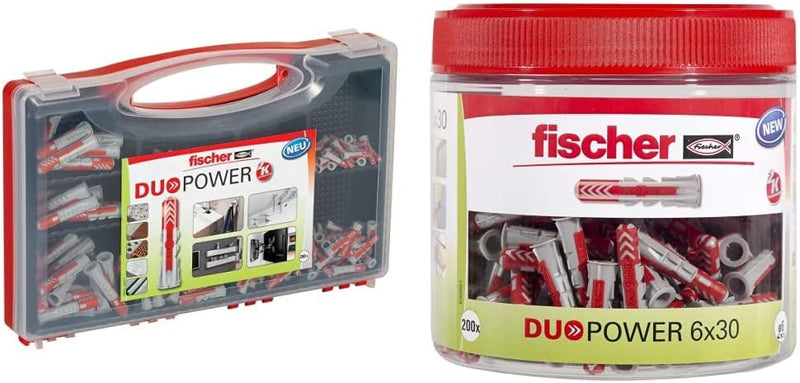 fischer RED-BOX DUOPOWER, Sortimentbox mit 280 DUOPOWER Dübeln & DUOPOWER 6 x 30, handliche Runddose