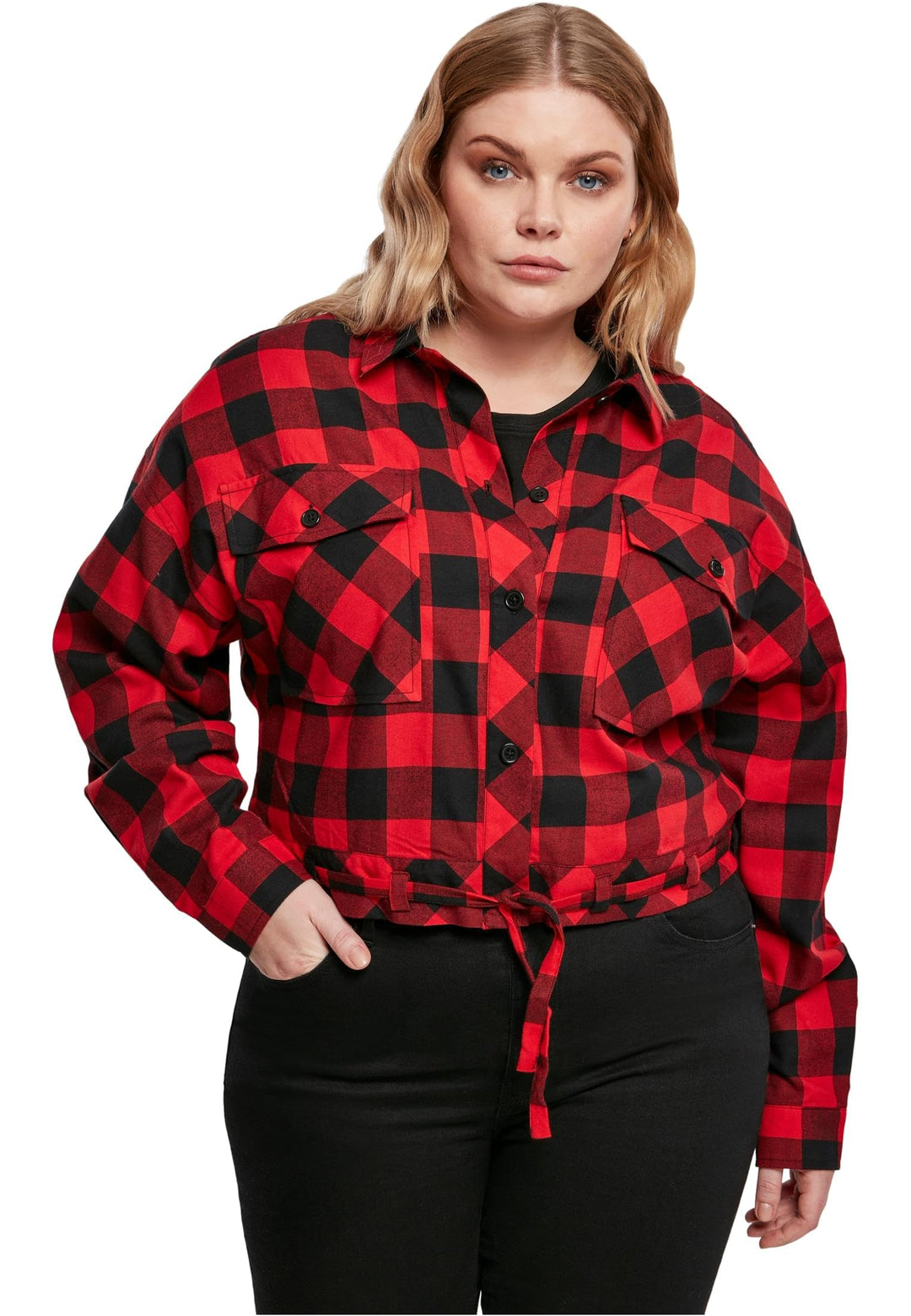 Urban Classics Damen Ladies Short Oversized Check Shirt L Grosse Grössen Black/Red, L Grosse Grössen