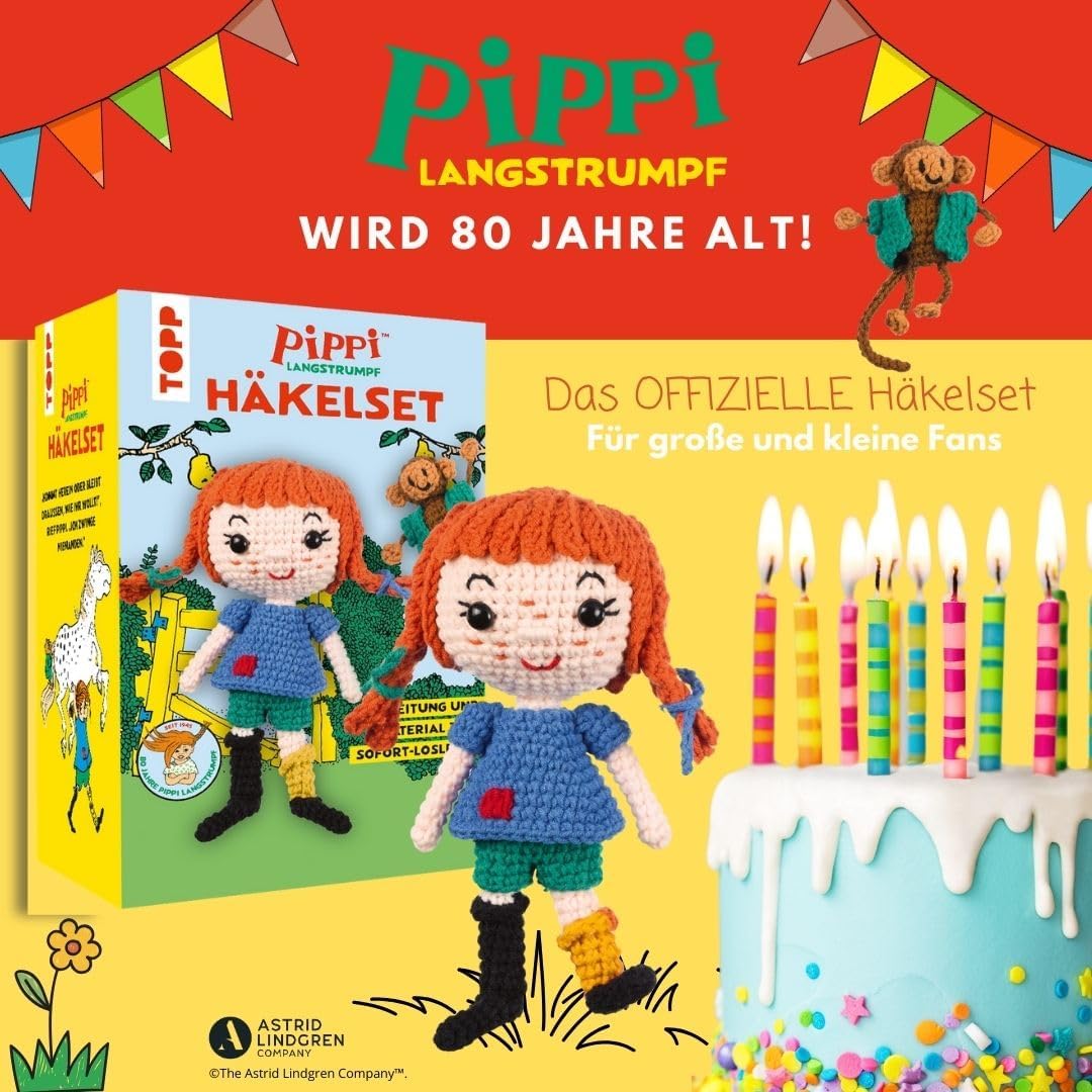 TOPP Pippi Langstrumpf - Das offizielle Häkelset zum 80. Geburtstag: Anleitung, Misch-Garn in 9 Farb