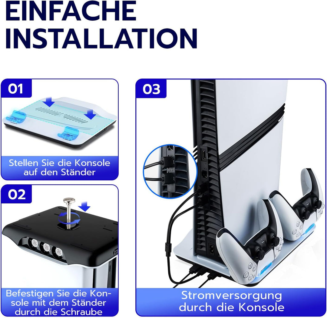 Wigearss PS5/PS5 Slim/PS5 Pro Kühler Standfuss mit Dual Controller Ladegerät, PS5 Controller Ladesta