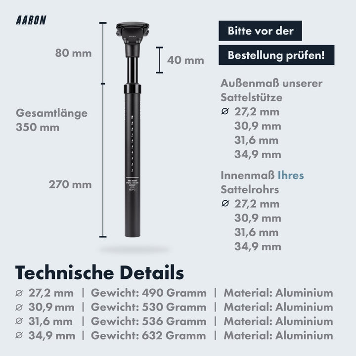AARON Spring Federsattelstütze mit 27,2, 30,9 oder 31,6 mm Durchmesser - Gefederte Aluminium Sattels