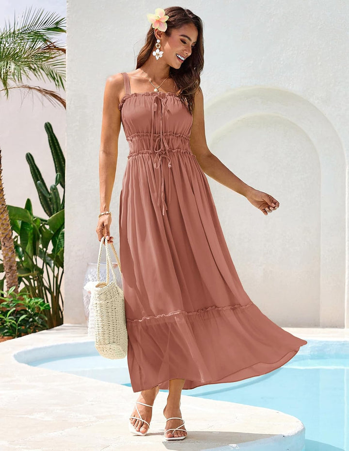 GRACE KARIN Damen Sommer Kleid Elegante Spaghettiträger A-Linie Freizeitkleid Maxi Casual Ãrmellos S