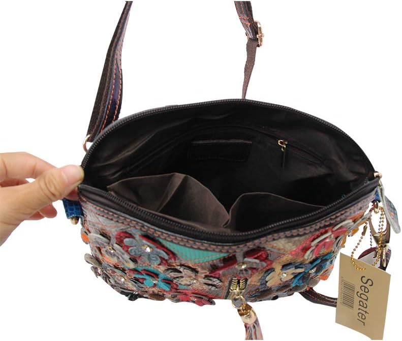 Segater® Mehrfarbig Floral Rind Leder-Umhängetasche für Damen, Vintage Rindsleder Handtasche Blumenm