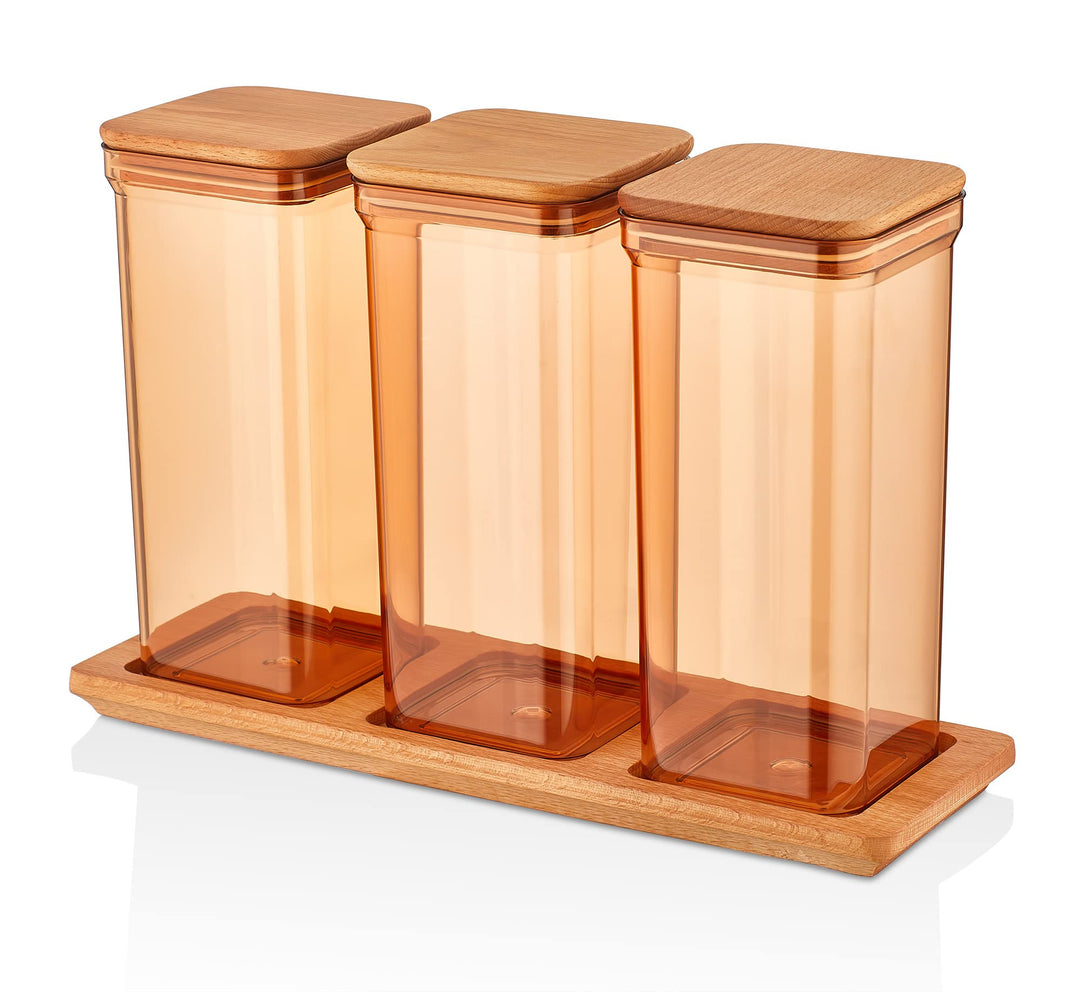 3x Spaghettidose Kunststoff, Vorratsdosen mit Bambusdeckel Braun - Bernstein, Müslibehälter Set 1,5