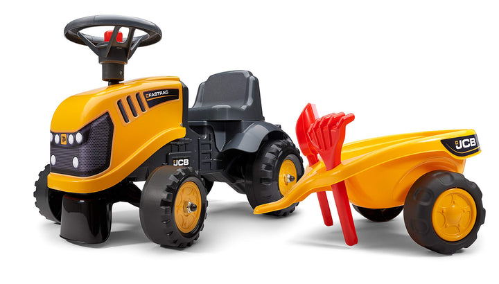 Falk – Baustellenwagen JCB mit Anhänger – ab 12 Monaten Schaufel und Rechen inklusive – 2 Styles zur