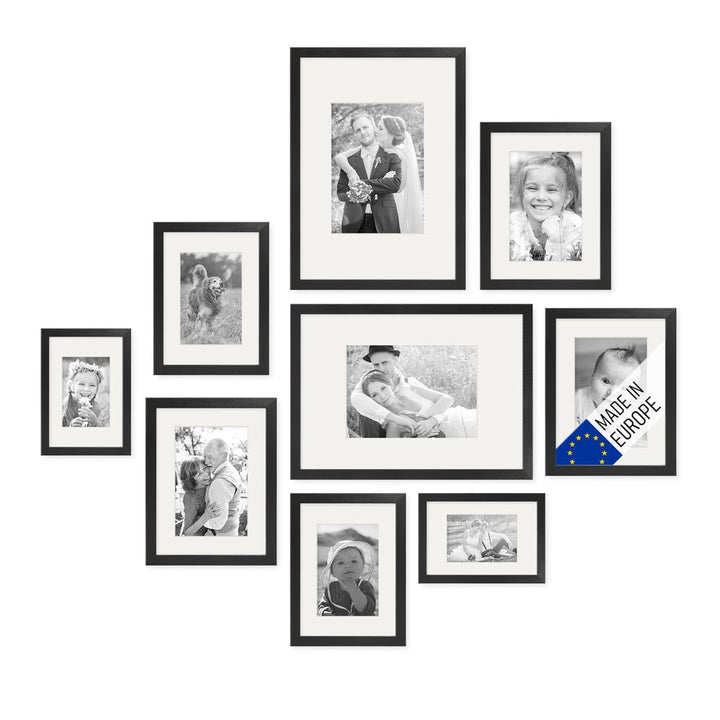 PHOTOLINI Echtholz-Bilderrahmen-Set mit Passepartout, 9er Rahmenset, Schwarz, Holzrahmen Made in EU,