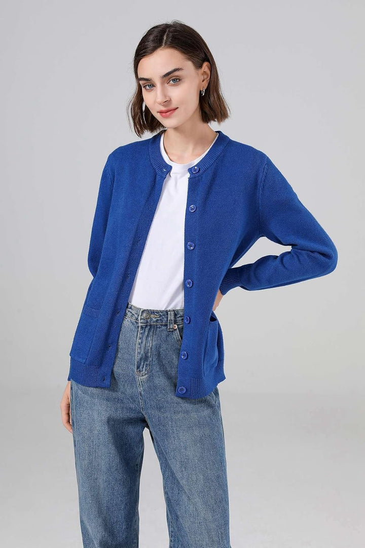 SMILING PINKER Damen Strickjacke Langarm Cardigan Warm Rundhals Strickweste Jacke mit Knopfleiste un
