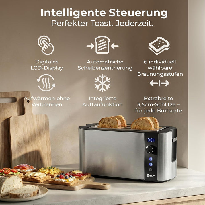 Balter Toaster 4 Scheiben, Langschlitz, Edelstahl, Brötchenaufsatz, LCD Display mit Restzeitanzeige,