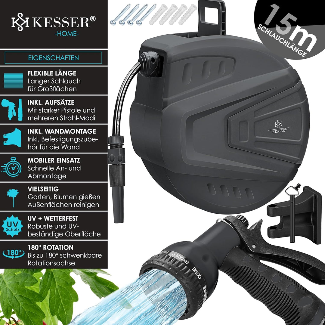 KESSER® automatische Schlauchtrommel 15 m + 2 m, Wand Schlauchbox mit Aufrollautomatik, Schlauchaufr