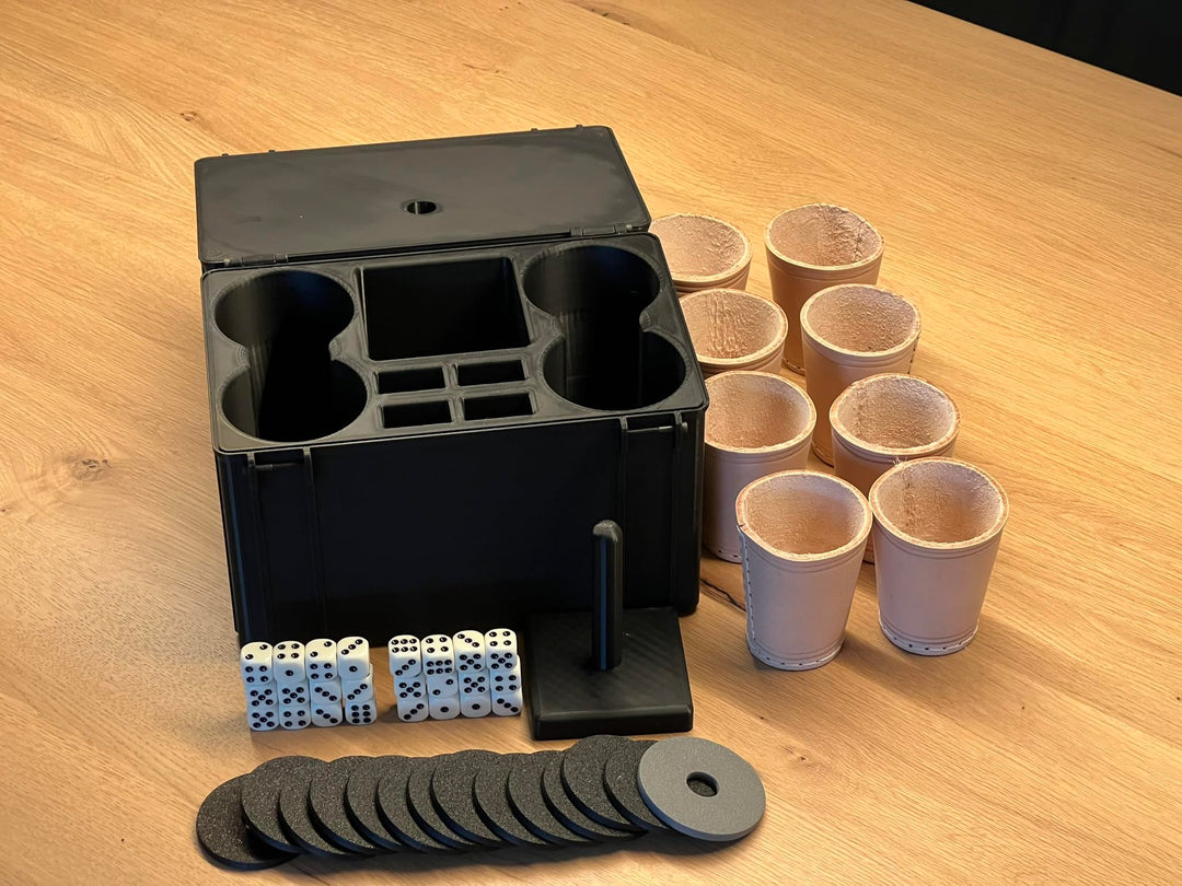 Selfmade Schockbesteck mit Box + Würfel + Becher - Knobelbesteck Schocken Knobeln (Schock Achter, Gr