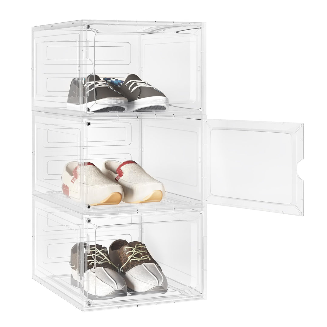 WOLTU Schuhboxen, 3er Set stapelbare Schuhbox, Schuhkarton Schuhkasten, mit magnetischer Tür, transp