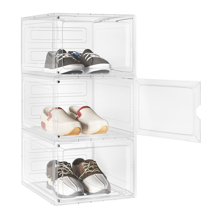 WOLTU Schuhboxen, 3er Set stapelbare Schuhbox, Schuhkarton Schuhkasten, mit magnetischer Tür, transp